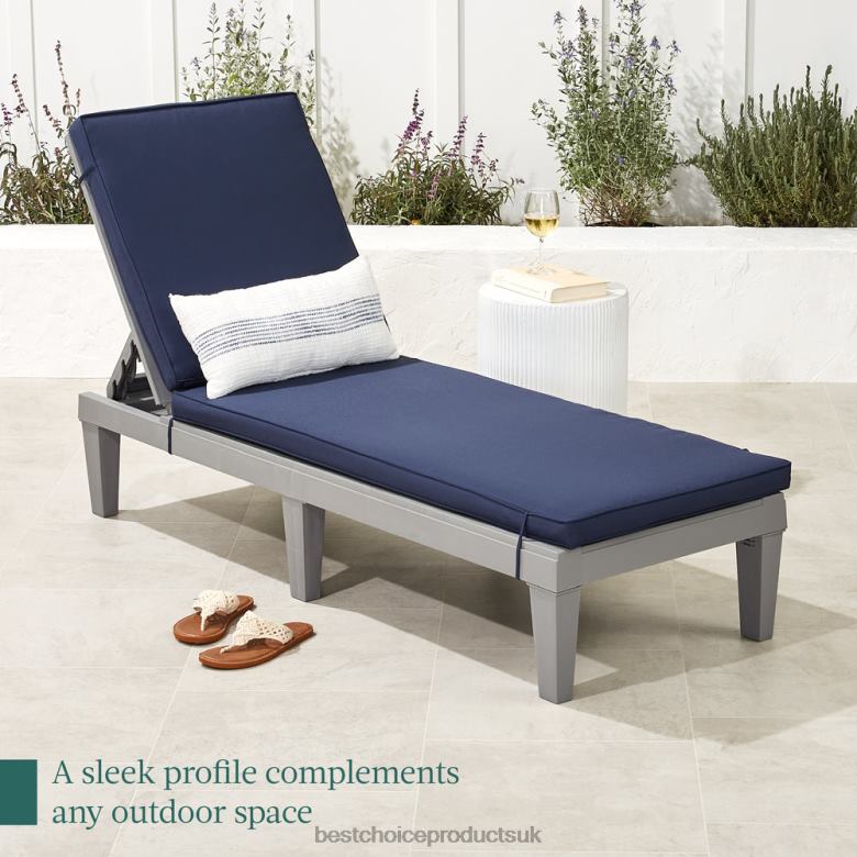 Outdoor Living | Best Choice ProductsOutdoor Patio Lounge Chair, Resin Chaise Lounger w/ Seat Cushion, 5 Positions N62R1470 Gray/Navy
