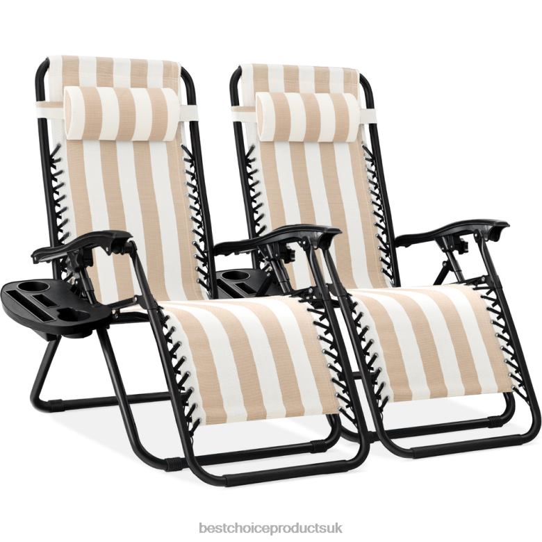 Outdoor Living | Best Choice ProductsSet of 2 Adjustable Zero Gravity Patio Chair Recliners w/ Cup Holders N62R807 Tan Striped