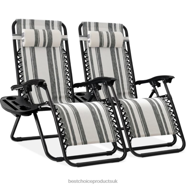 Outdoor Living | Best Choice ProductsSet of 2 Adjustable Zero Gravity Patio Chair Recliners w/ Cup Holders N62R814 Gray Stripes