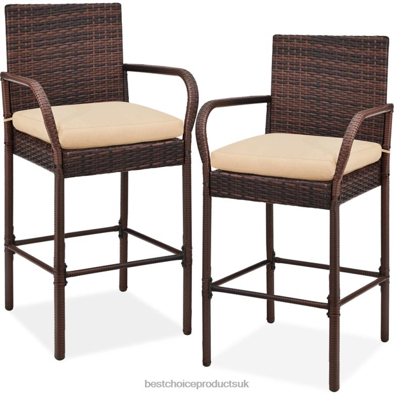 Outdoor Living | Best Choice ProductsSet of 2 Indoor Outdoor Wicker Bar Stools w/ Cushion, Footrests, Armrests N62R934 Brown