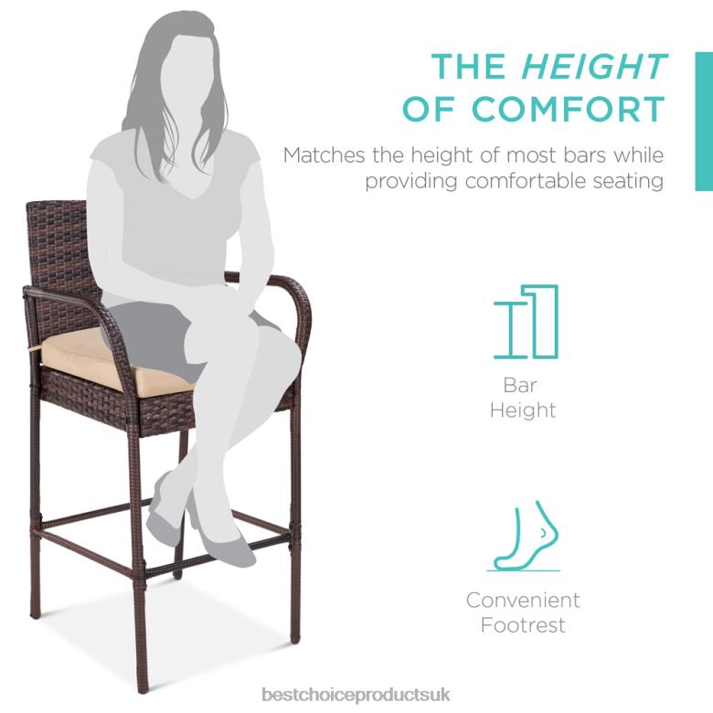 Outdoor Living | Best Choice ProductsSet of 2 Indoor Outdoor Wicker Bar Stools w/ Cushion, Footrests, Armrests N62R934 Brown