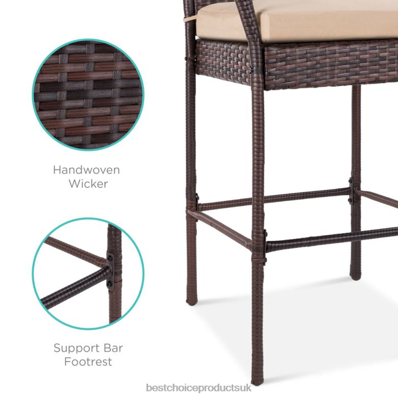 Outdoor Living | Best Choice ProductsSet of 2 Indoor Outdoor Wicker Bar Stools w/ Cushion, Footrests, Armrests N62R934 Brown