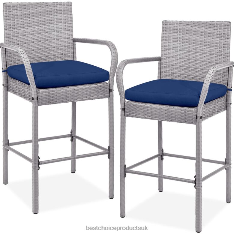 Outdoor Living | Best Choice ProductsSet of 2 Indoor Outdoor Wicker Bar Stools w/ Cushion, Footrests, Armrests N62R935 Gray