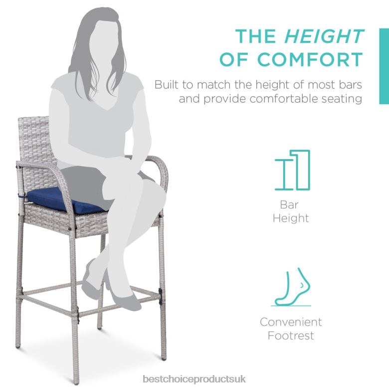 Outdoor Living | Best Choice ProductsSet of 2 Indoor Outdoor Wicker Bar Stools w/ Cushion, Footrests, Armrests N62R935 Gray