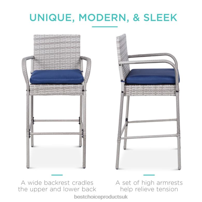 Outdoor Living | Best Choice ProductsSet of 2 Indoor Outdoor Wicker Bar Stools w/ Cushion, Footrests, Armrests N62R935 Gray