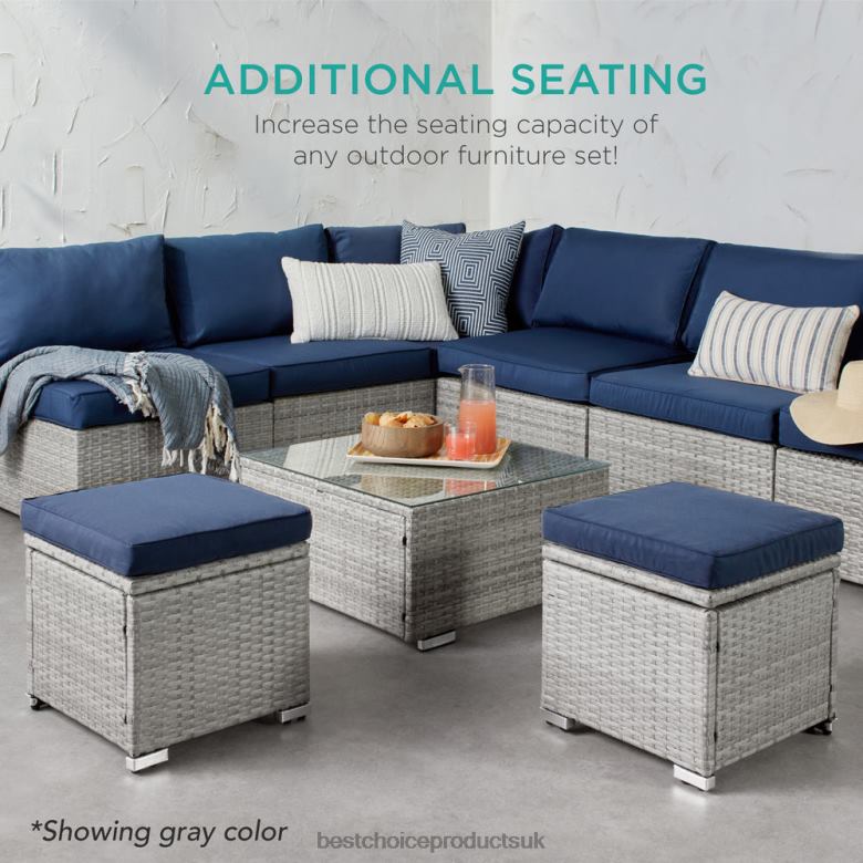 Outdoor Living | Best Choice ProductsSet of 2 Wicker Ottomans, Multipurpose w/ Removable Cushions, Steel Frame N62R894 Gray/Navy