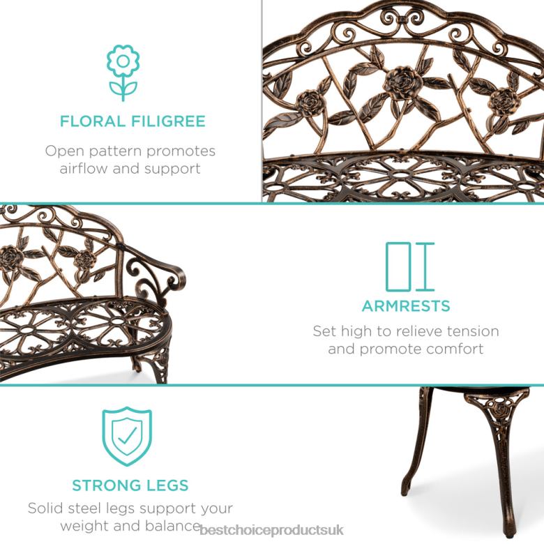Outdoor Living | Best Choice ProductsSteel Garden Bench Outdoor Patio Furniture w/ Floral Rose Accent N62R1454 Bronze