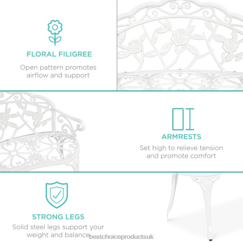 Outdoor Living | Best Choice ProductsSteel Garden Bench Outdoor Patio Furniture w/ Floral Rose Accent N62R1455 White