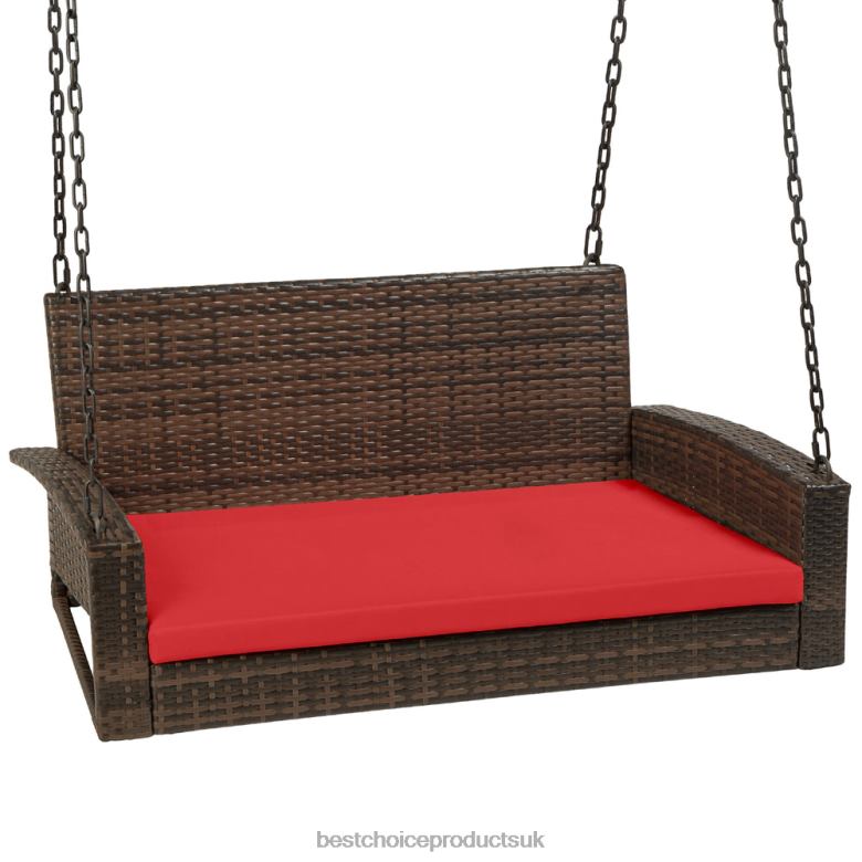 Outdoor Living | Best Choice ProductsWoven Wicker Hanging Porch Swing Bench w/ Mounting Chains, Seat Cushion N62R1434 Brown/Red