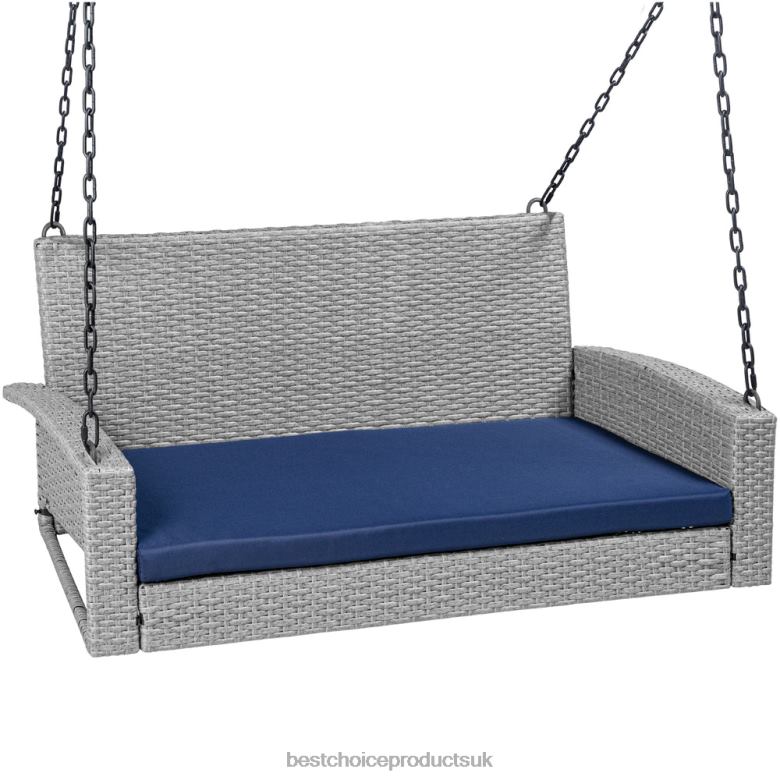 Outdoor Living | Best Choice ProductsWoven Wicker Hanging Porch Swing Bench w/ Mounting Chains, Seat Cushion N62R1435 Gray/Navy