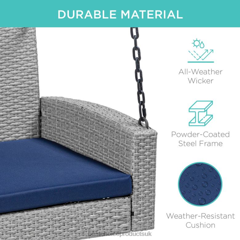 Outdoor Living | Best Choice ProductsWoven Wicker Hanging Porch Swing Bench w/ Mounting Chains, Seat Cushion N62R1435 Gray/Navy