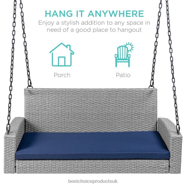 Outdoor Living | Best Choice ProductsWoven Wicker Hanging Porch Swing Bench w/ Mounting Chains, Seat Cushion N62R1435 Gray/Navy
