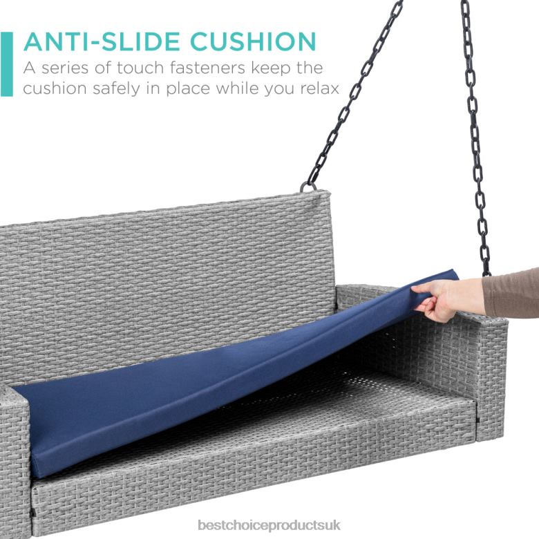 Outdoor Living | Best Choice ProductsWoven Wicker Hanging Porch Swing Bench w/ Mounting Chains, Seat Cushion N62R1435 Gray/Navy