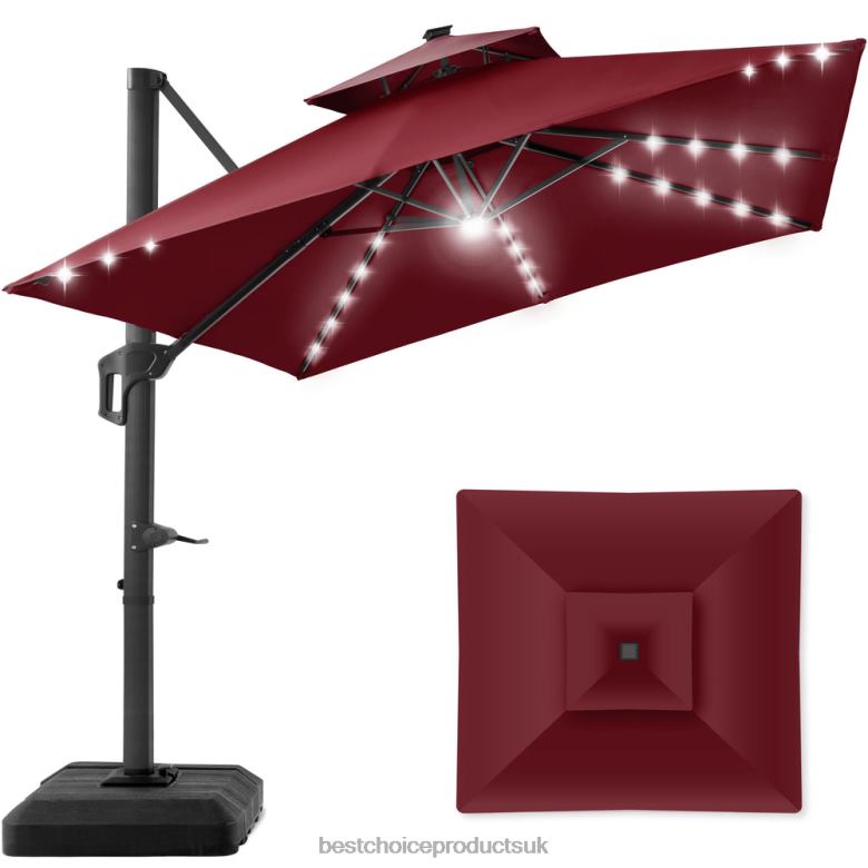 Outdoor Living | Best Choice Products2-Tier Square LED Cantilever Offset Umbrella w/ 360 Rotation, Base N62R899 Burgundy