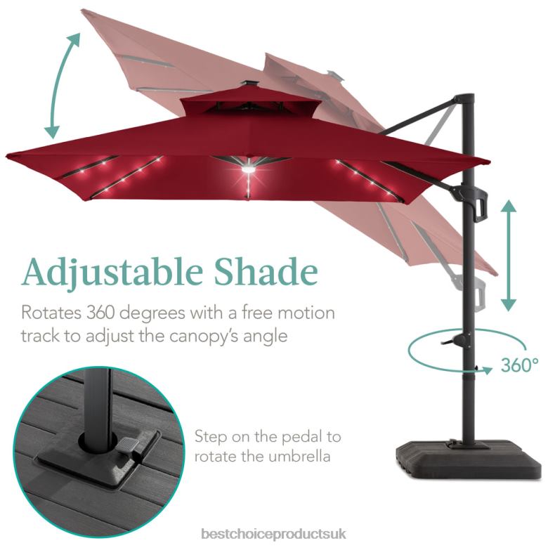 Outdoor Living | Best Choice Products2-Tier Square LED Cantilever Offset Umbrella w/ 360 Rotation, Base N62R899 Burgundy