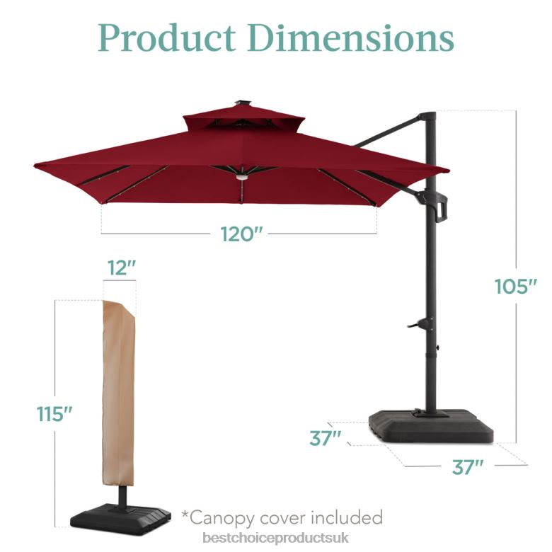 Outdoor Living | Best Choice Products2-Tier Square LED Cantilever Offset Umbrella w/ 360 Rotation, Base N62R899 Burgundy
