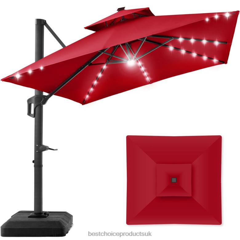 Outdoor Living | Best Choice Products2-Tier Square LED Cantilever Offset Umbrella w/ 360 Rotation, Base N62R901 Red