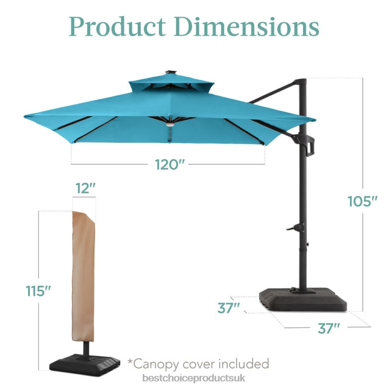 Outdoor Living | Best Choice Products2-Tier Square LED Cantilever Offset Umbrella w/ 360 Rotation, Base N62R902 Sky Blue