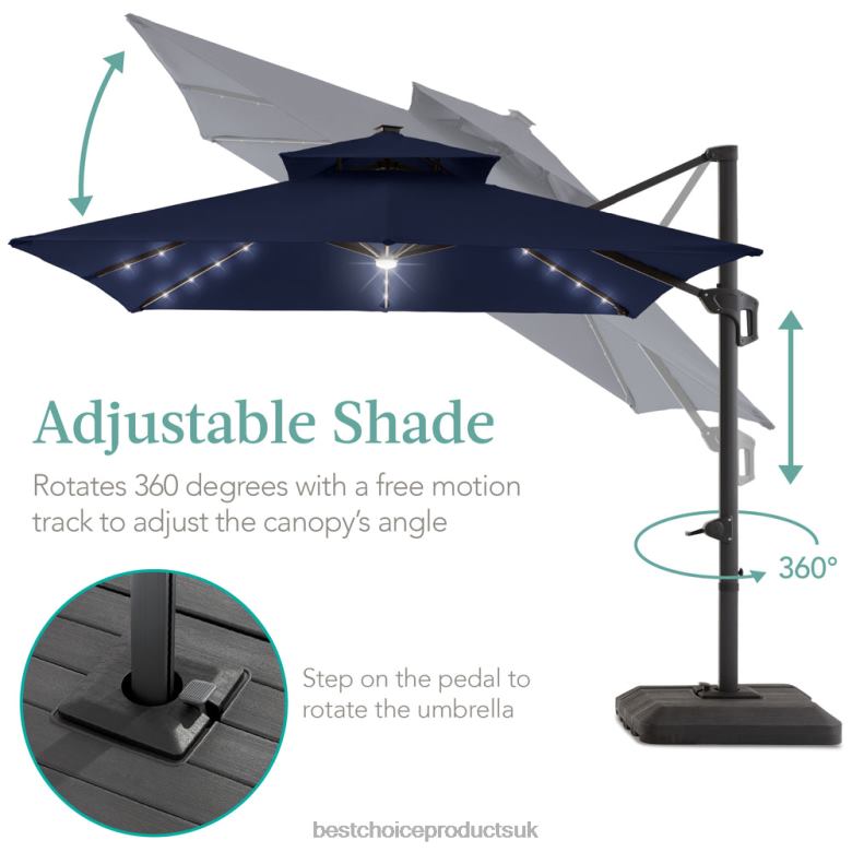 Outdoor Living | Best Choice Products2-Tier Square LED Cantilever Offset Umbrella w/ 360 Rotation, Base N62R904 Navy Blue