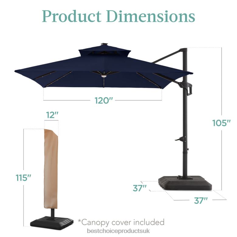 Outdoor Living | Best Choice Products2-Tier Square LED Cantilever Offset Umbrella w/ 360 Rotation, Base N62R904 Navy Blue