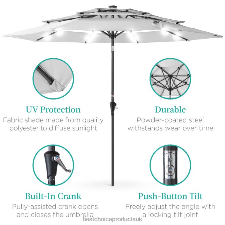 Outdoor Living | Best Choice Products3-Tier Solar Patio Umbrella w/ LED Lights, Tilt Adjustment, Crank N62R1478 Fog Gray