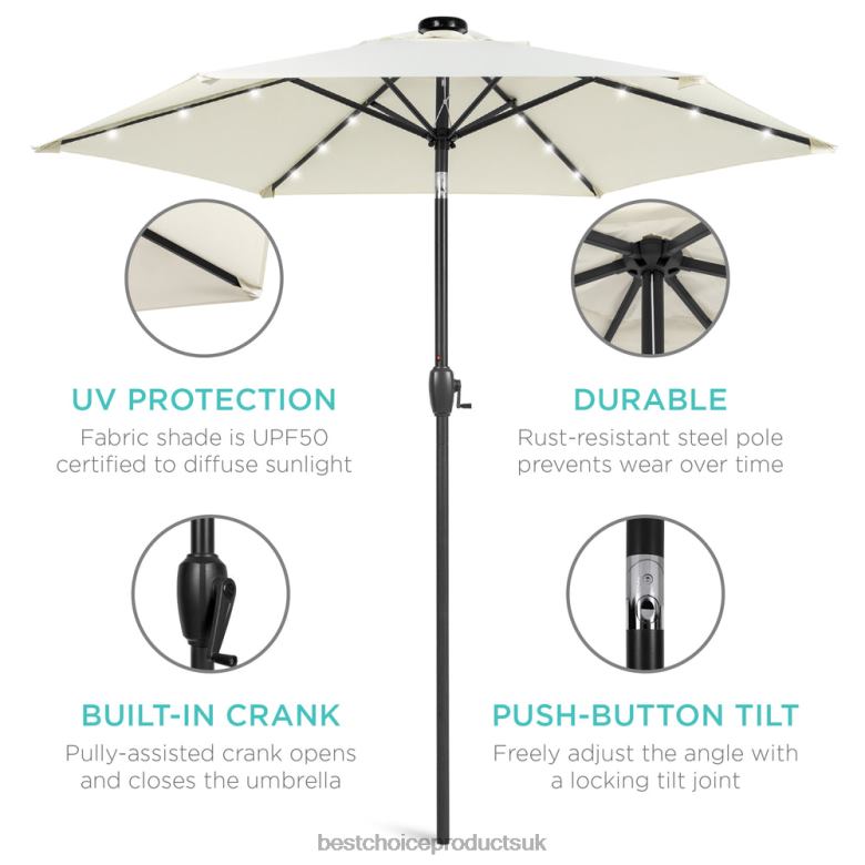 Outdoor Living | Best Choice ProductsOutdoor Solar Patio Umbrella w/ Push Button Tilt, Crank Lift N62R865 Ivory