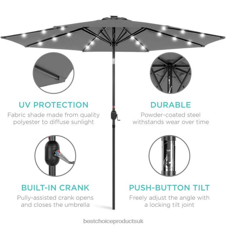 Outdoor Living | Best Choice ProductsSolar LED Lighted Patio Umbrella w/ Tilt Adjustment, UV-Resistance N62R1338 Gray