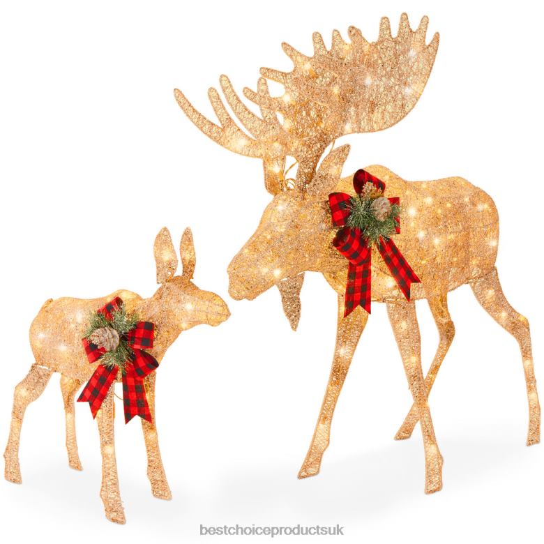 Seasonal Best Choice Products2-Piece Moose Family Lighted Outdoor Christmas Decoration Set w/ LED Lights N62R70 Gold