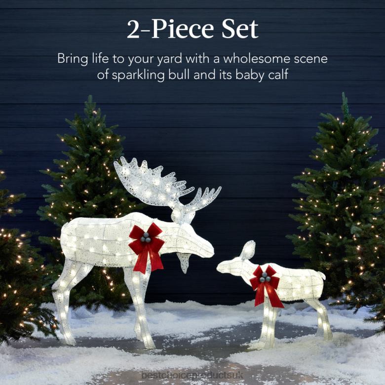 Seasonal Best Choice Products2-Piece Moose Family Lighted Outdoor Christmas Decoration Set w/ LED Lights N62R71 White