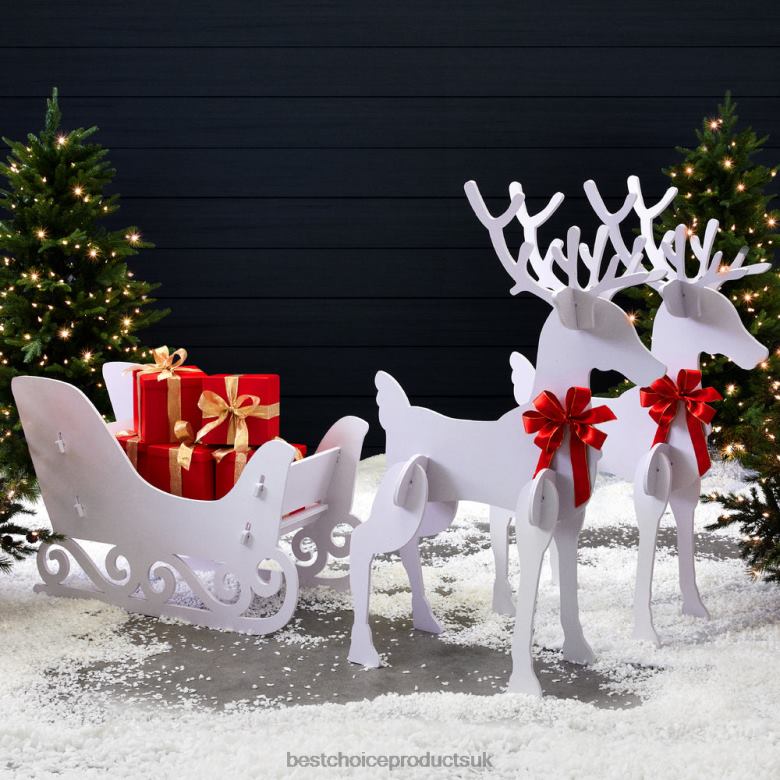 Seasonal Best Choice Products3-Piece Deer & Sleigh Silhouette Set Holiday Yard Decoration w/ Stakes N62R231 White