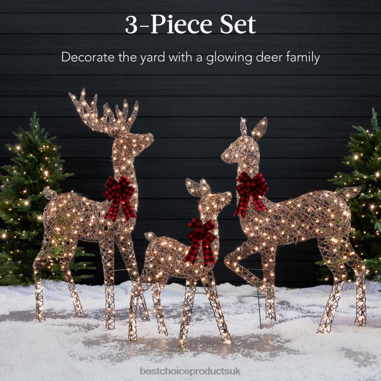 Seasonal Best Choice Products3-Piece Lighted Rattan Deer Family Outdoor Decor Set w/ 360 Lights N62R69 Brown