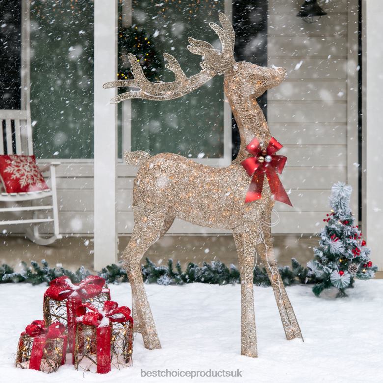 Seasonal Best Choice Products5ft 3D Pre-Lit Gold Glitter Christmas Reindeer Yard Decoration w/ 150 Lights N62R65 Gold