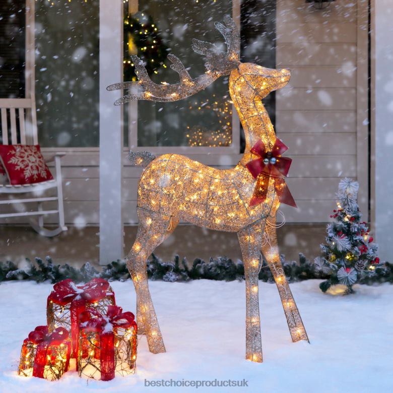 Seasonal Best Choice Products5ft 3D Pre-Lit Gold Glitter Christmas Reindeer Yard Decoration w/ 150 Lights N62R65 Gold