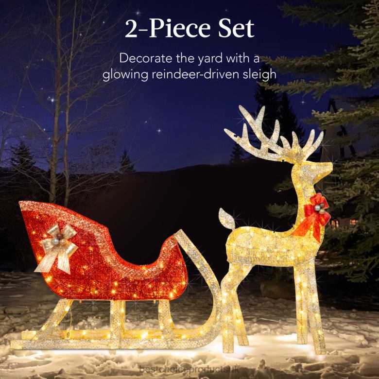Seasonal Best Choice ProductsLighted Christmas Reindeer & Sleigh Outdoor Decor Set w/ LED Lights N62R45 Gold