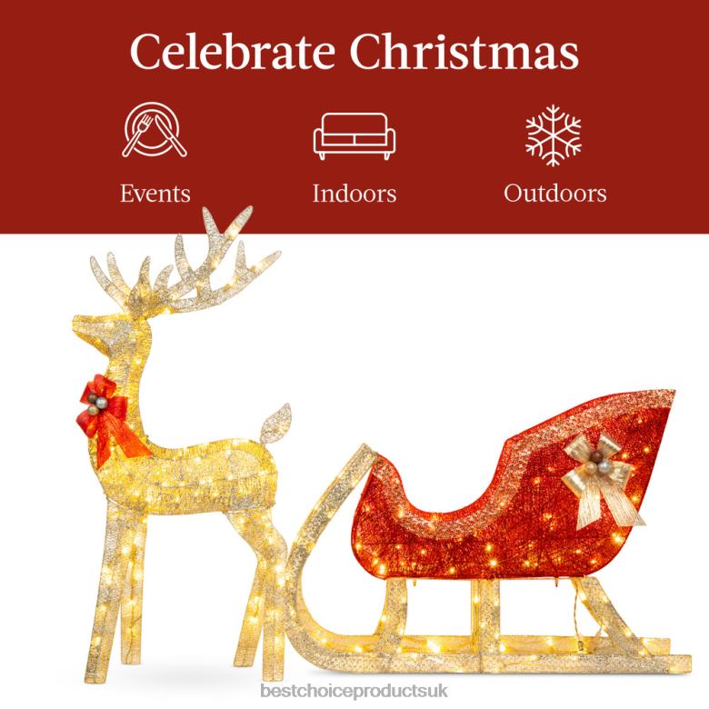 Seasonal Best Choice ProductsLighted Christmas Reindeer & Sleigh Outdoor Decor Set w/ LED Lights N62R45 Gold