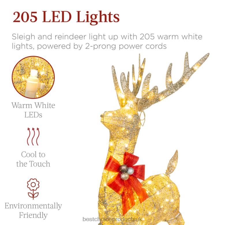 Seasonal Best Choice ProductsLighted Christmas Reindeer & Sleigh Outdoor Decor Set w/ LED Lights N62R45 Gold