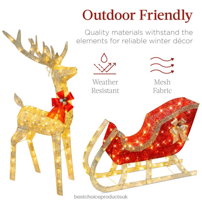 Seasonal Best Choice ProductsLighted Christmas Reindeer & Sleigh Outdoor Decor Set w/ LED Lights N62R45 Gold
