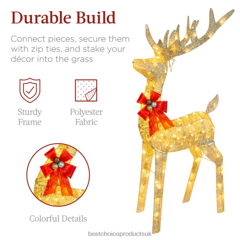 Seasonal Best Choice ProductsLighted Christmas Reindeer & Sleigh Outdoor Decor Set w/ LED Lights N62R45 Gold