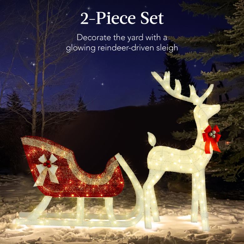 Seasonal Best Choice ProductsLighted Christmas Reindeer & Sleigh Outdoor Decor Set w/ LED Lights N62R46 White