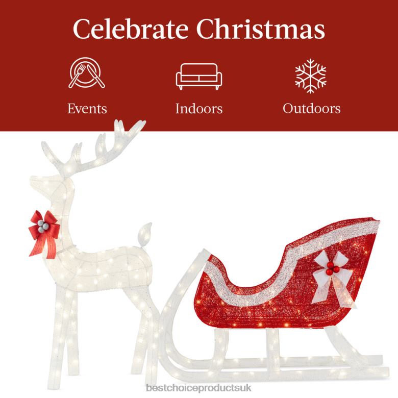 Seasonal Best Choice ProductsLighted Christmas Reindeer & Sleigh Outdoor Decor Set w/ LED Lights N62R46 White