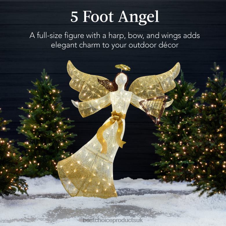 Seasonal Best Choice ProductsLighted Outdoor Angel Christmas Decoration w/ 140 Lights, Harp, Stakes N62R68 Gold