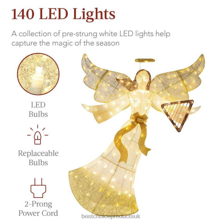 Seasonal Best Choice ProductsLighted Outdoor Angel Christmas Decoration w/ 140 Lights, Harp, Stakes N62R68 Gold