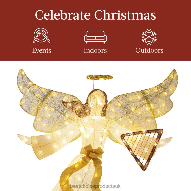 Seasonal Best Choice ProductsLighted Outdoor Angel Christmas Decoration w/ 140 Lights, Harp, Stakes N62R68 Gold