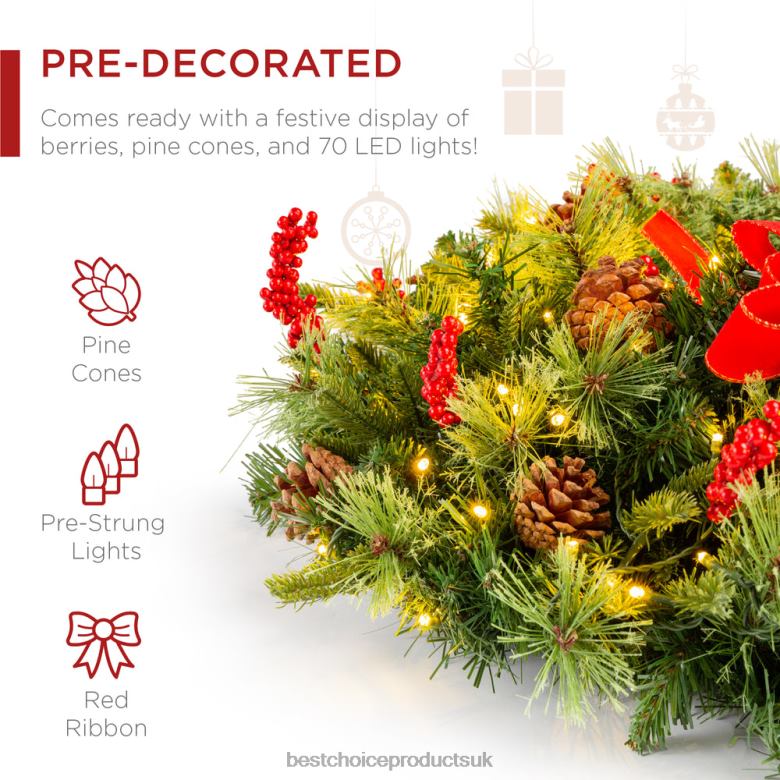 Seasonal Best Choice ProductsPre-Lit Battery Powered Christmas Wreath w/ Lights, PVC Tips, Ribbon N62R38 Beauty