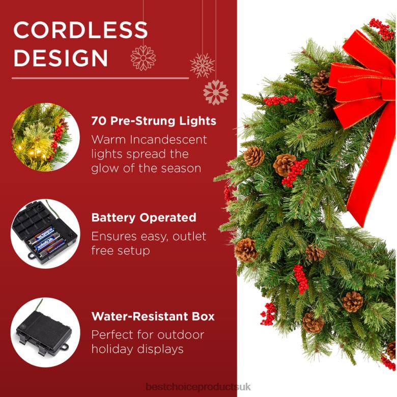 Seasonal Best Choice ProductsPre-Lit Battery Powered Christmas Wreath w/ Lights, PVC Tips, Ribbon N62R38 Beauty
