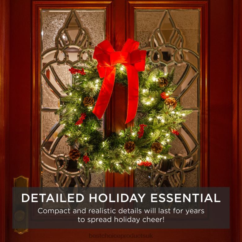 Seasonal Best Choice ProductsPre-Lit Battery Powered Christmas Wreath w/ Lights, PVC Tips, Ribbon N62R38 Beauty
