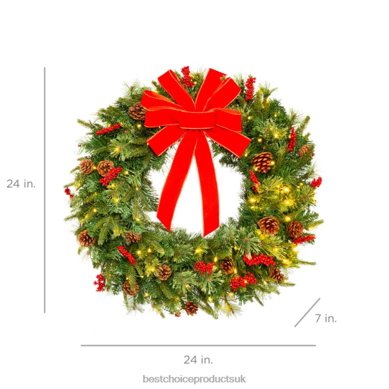 Seasonal Best Choice ProductsPre-Lit Battery Powered Christmas Wreath w/ Lights, PVC Tips, Ribbon N62R38 Beauty