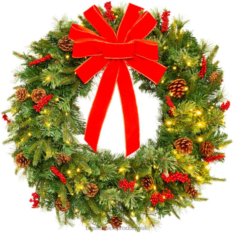 Seasonal Best Choice ProductsPre-Lit Battery Powered Christmas Wreath w/ Lights, PVC Tips, Ribbon N62R39 Beauty
