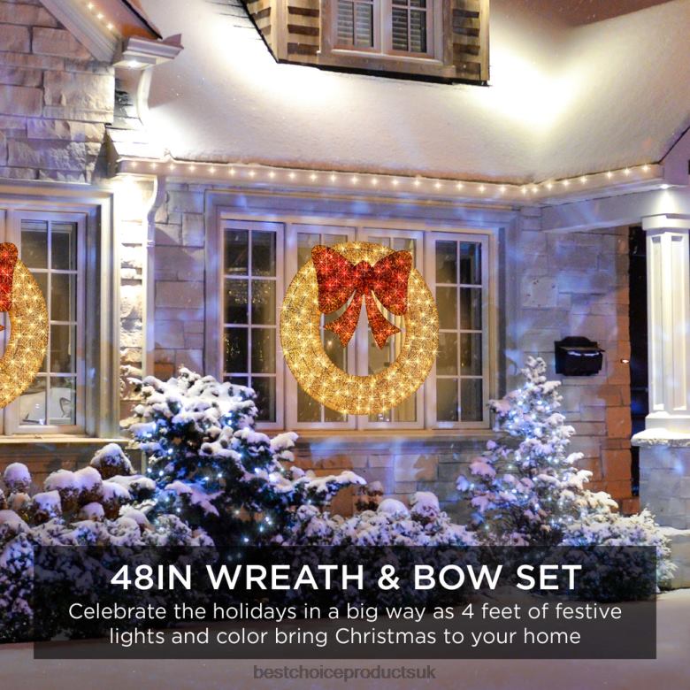 Seasonal Best Choice ProductsPre-Lit Outdoor Christmas Wreath, LED Metal Holiday Decor w/ Bow N62R123 Gold/Red