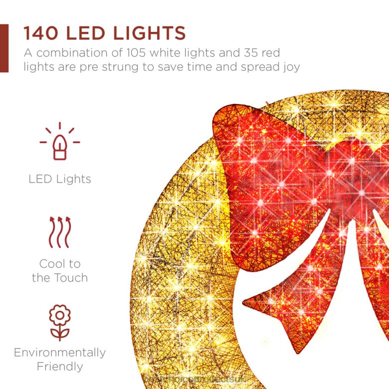 Seasonal Best Choice ProductsPre-Lit Outdoor Christmas Wreath, LED Metal Holiday Decor w/ Bow N62R123 Gold/Red